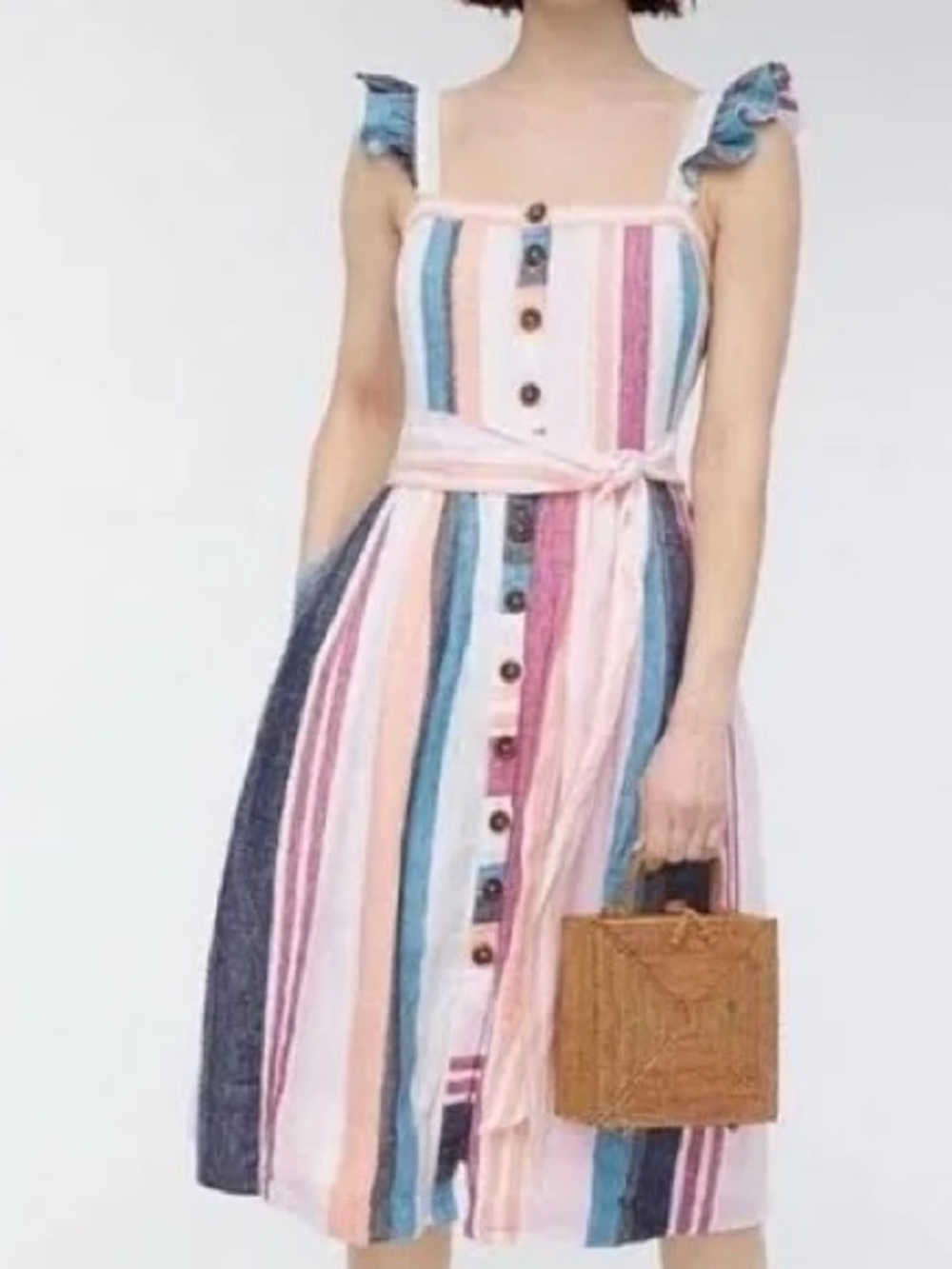 J. Crew Linen Summer Dress Midi Button-up Multicolor Mixed Stripe Ruffle NWT - Picture 2 of 12